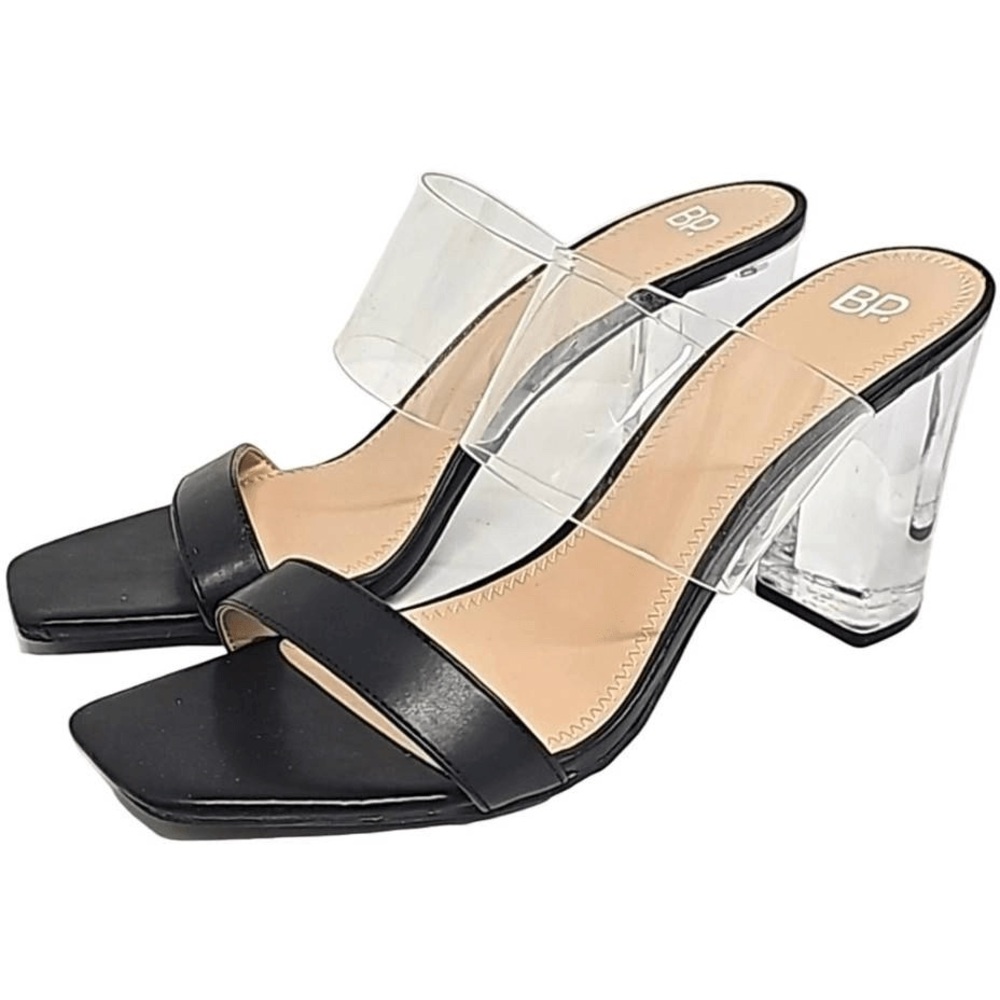 BP Nordstrom Naomi Clear Block Heel Slide Sandal Black Faux Leather